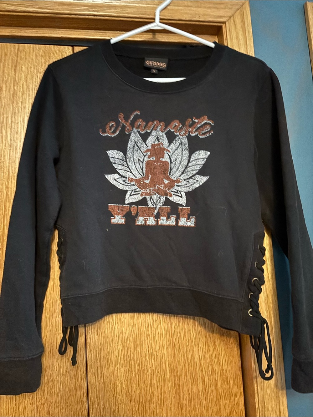 Sovereign Code Black 'Namaste Fall' Graphic Sweatshirt with Side Lace-Up